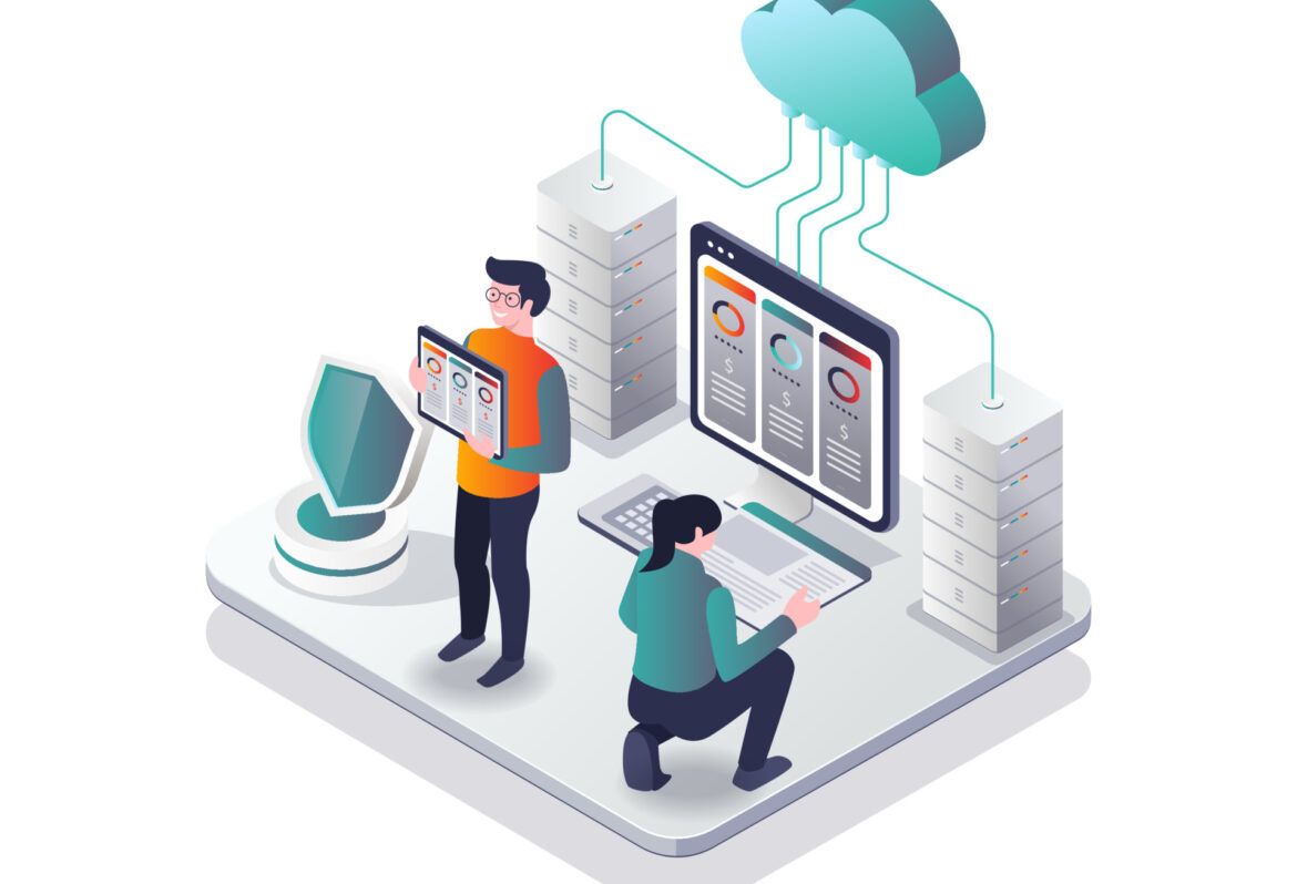 web hosting depicted by technitions in front of physical and cloud servers