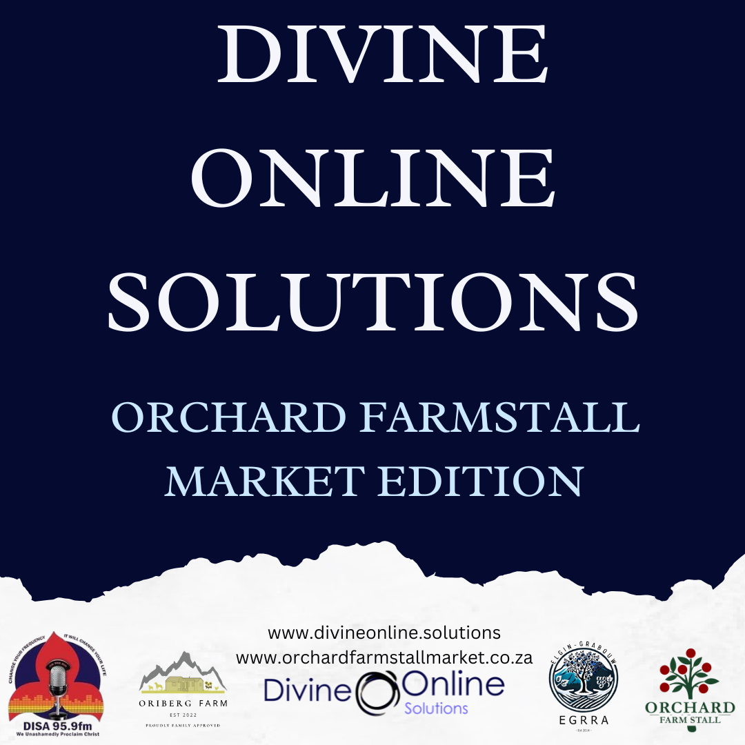 blue background with logo of Divine Online Solutions and other Orchard Farmstall Market sponsors