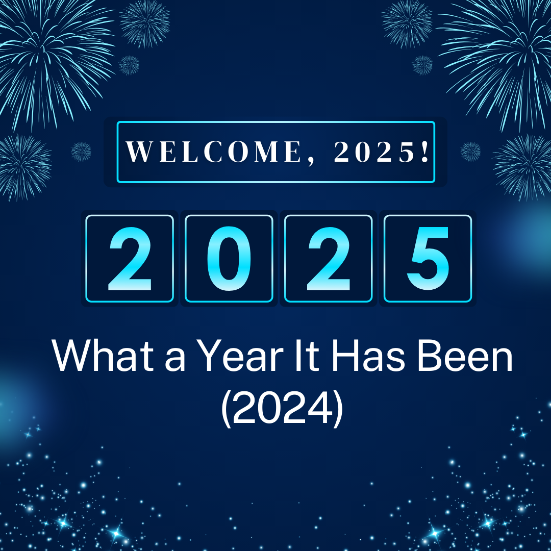 Welcome 2025 text box on a blue background with fireworks