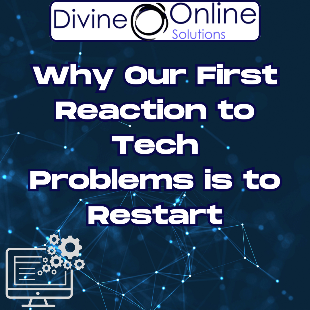 Restarting - Why is it Our First Reaction to Tech Problems text computer icon with gears and logo