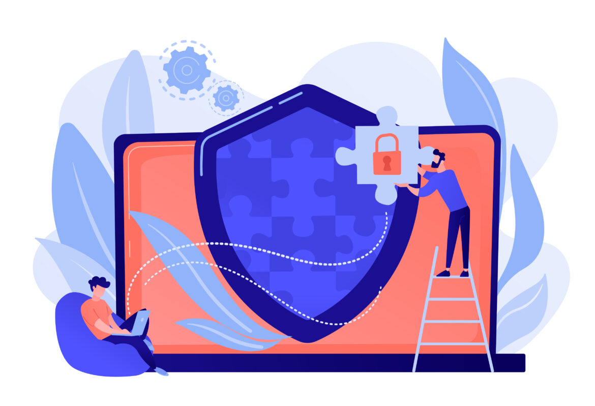 Programmer with jigsaw shield system monitoring network traffic. Firewall, antivirus, network security system and network firewall concept