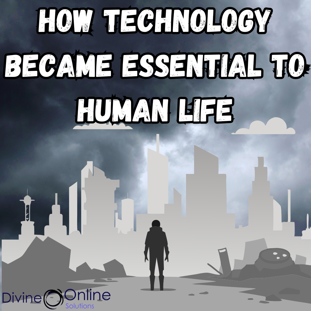 Technology, Can We Survive Without it? text above a man standing in front of an apocalyptic city